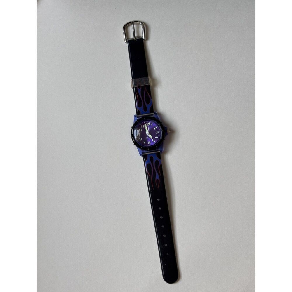 90s Y2K Black Blue Flame Dingbats Lucky Plastic Wristwatch WORKS